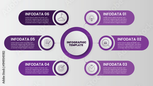 Infographic template with 6 steps and central circular hub isolated on white background