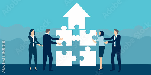 Business team collaboratively fitting puzzle pieces toward a shared upward goal