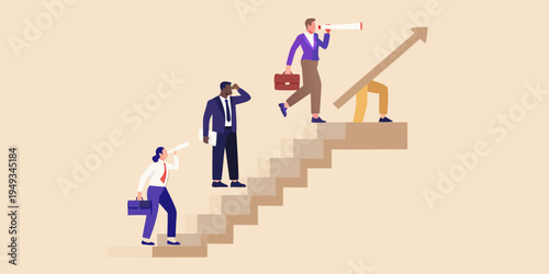 Business professionals ascending steps towards success with vision and strategy