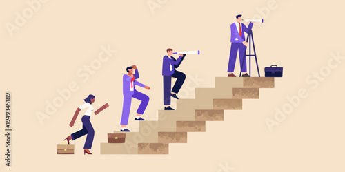 Businesspeople ascending stairs symbolizing career progression and strategic vision
