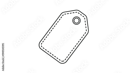 Minimalist price tag line drawing with a circular hole for string or ribbon isolated on a clean white background.