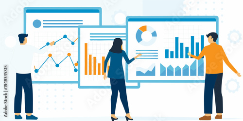Team analyzing data visualizations and charts in a modern office setting