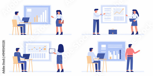 Business professionals collaborating and presenting data in modern office spaces