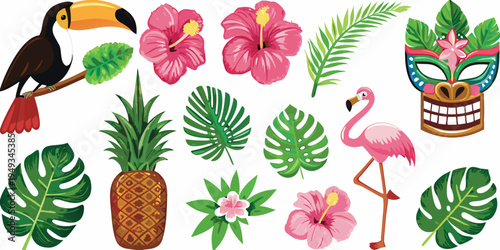 Tropical illustration featuring a toucan hibiscus and various island elements
