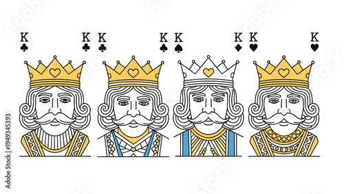 Row of four king playing card characters from different suits including clubs spades hearts and diamond symbols.