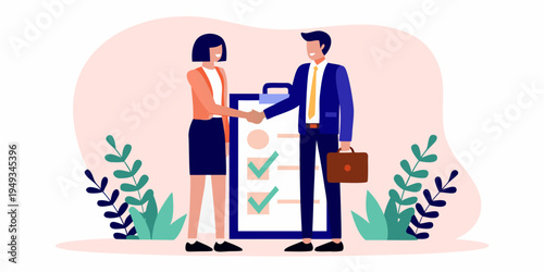 Business professionals shaking hands over a clipboard with checkmarks