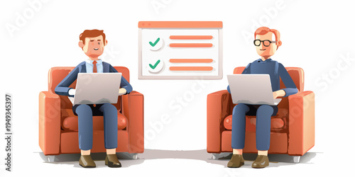 Two business professionals collaborate and present ideas with laptops