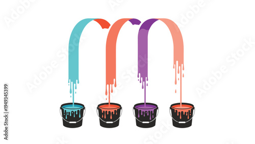 Creative illustration featuring four black buckets being filled with pouring blue, orange, purple, and red paint forming an arc shape between them.