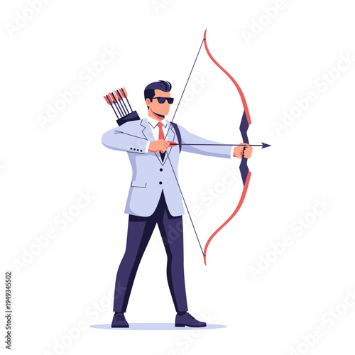 Businessman aiming bow and arrow, strategic goal, business target, success concept