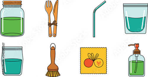 Zero Waste Lifestyle Icon Set with Reusable Jar, Metal Straw, Eco Cleaning Brush, Refillable Bottle and Sustainable Kitchen Tools