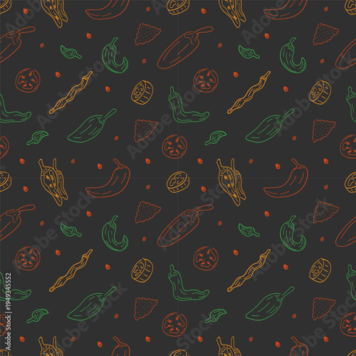 Hand drawn chili pattern, chili peppers doodles seamless background for food packaging