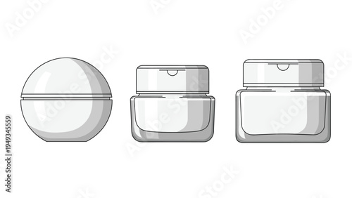 Set of three different cosmetic cream jars in white and gray representing various skincare product packaging.