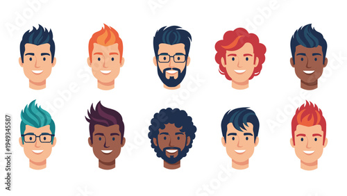 Collection of ten diverse male avatar heads with various hairstyles, facial hair, and colorful hair choices arranged in two neat rows for web design.