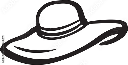 Hand Drawn Woman Hat Black and White Illustration in Minimal Line Art Style Design