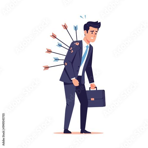 Businessman hit by arrows, feeling pain and stressed.