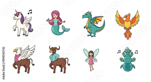 Cartoon mythical creatures set on white