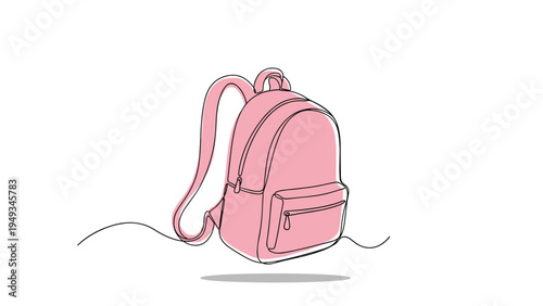 Stylized pink backpack rendered with a continuous black line drawing style and a soft gray shadow underneath on a clean white background area.