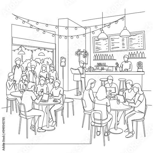 line drawing illustration of people dining at outdoor cafe next to food truck