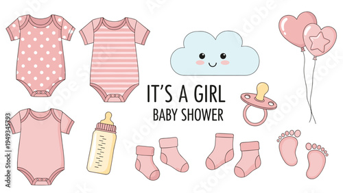 Pink baby shower elements set for a girl featuring cute onesies, milk bottle, smiling cloud, balloons, and tiny footprints.