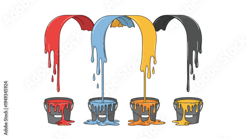 Four paint buckets in red, blue, orange, and black with colorful liquid spilling over and dripping down onto the floor.