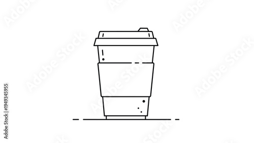 Minimalist outline of a disposable coffee or tea cup with a protective sleeve and a lid on a white background.