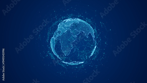 Quadro su tela Digital globe formed by glowing particles and network connections representing global data exchange, communication, and modern technology systems on a dark blue background, 3D rendering