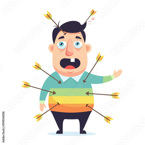 Cartoon Man Shot by Arrows, Feeling Pain and Surprise