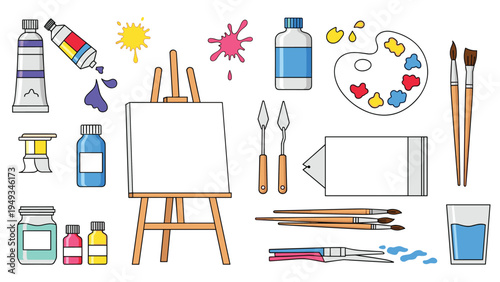 Comprehensive set of art supplies including an easel canvas palettes paint tubes brushes and water jars.