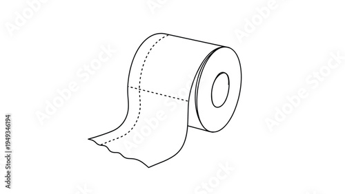 Simple black and white line drawing of a roll of toilet paper with a few sheets hanging down shown as a basic household utility item on white.