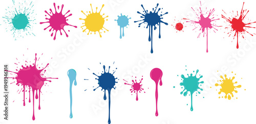Abstract colorful paint splatters in vibrant teal, pink, yellow, blue, and red with dripping effects on white background for art, design, and creative decoration projects