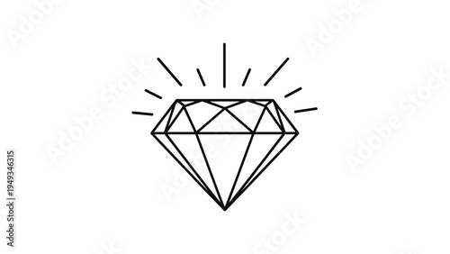 Simple black and white line art icon of a sparkling diamond gemstone with light rays on a plain white background.