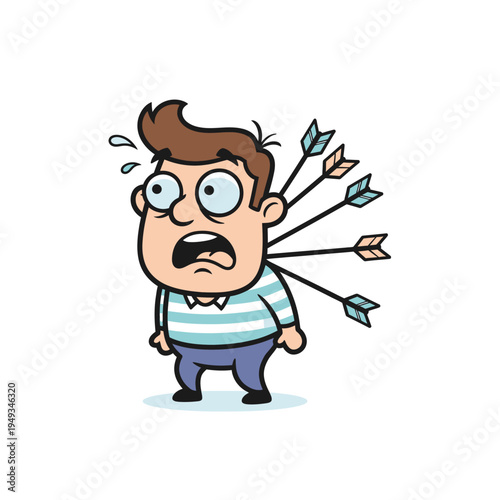 Man with Arrows in Back Frightened Expression Cartoon