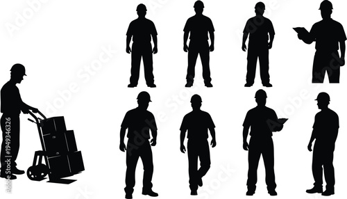 Warehouse worker silhouette set featuring laborers with hand trucks, delivery boxes, and supervisors for logistics, industrial distribution, and manufacturing projects. (Exactly 20 words)