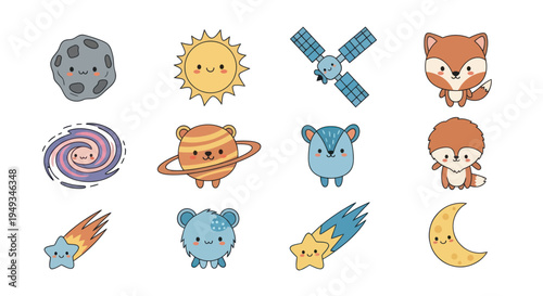 Cartoon planets and animals set
