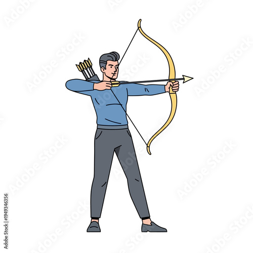 Man with Bow and Arrow Aiming Target, Archery Sport, Focus, Precision, Competition