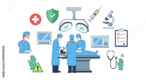 Comprehensive Medical Surgery and Healthcare Illustration: Surgeons, Operating Room, Patient Care, Diagnostic Tools, and Safety Icons