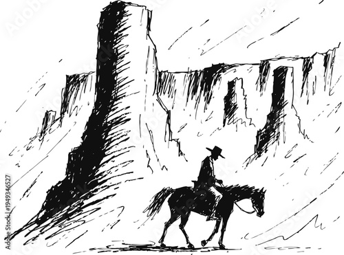 cowboy riding horse in desert canyon landscape western adventure and exploration scene