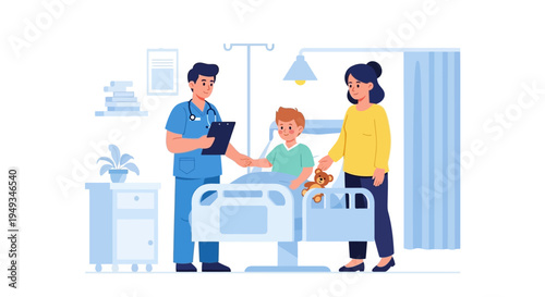 Pediatric Doctor Comforting Young Boy Patient in Hospital Bed with Mother Present - Child Healthcare and Family Support