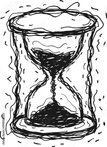 Hand drawn hourglass with flowing sand, vintage time measuring device sketch in black ink