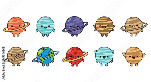 Cartoon planets with smiling faces