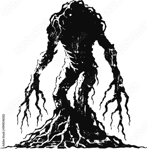 Dark twisted tree monster silhouette with long clawed arms and gnarled roots