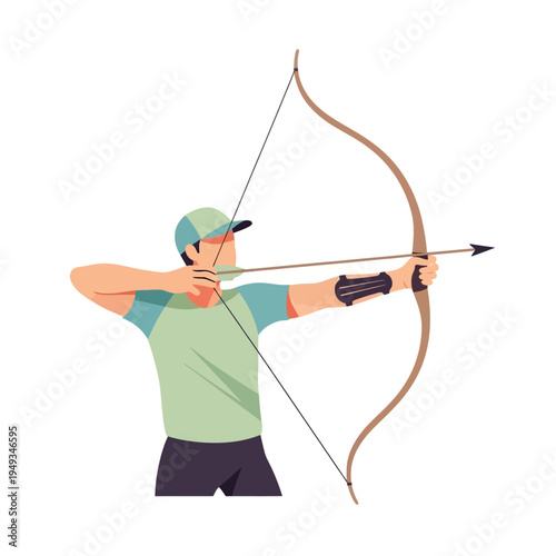 Archer aiming bow and arrow, focused athlete practicing archery sport, vector illustration