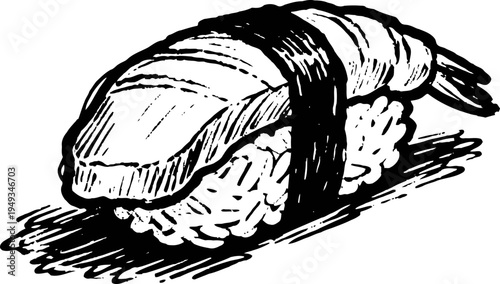 Illustration of nigiri sushi with fish topping and rice wrapped in seaweed strip