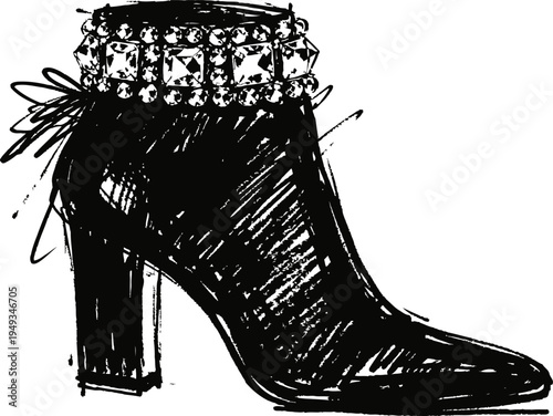 Elegant high heeled ankle boot with decorative rhinestone strap, fashion footwear sketch