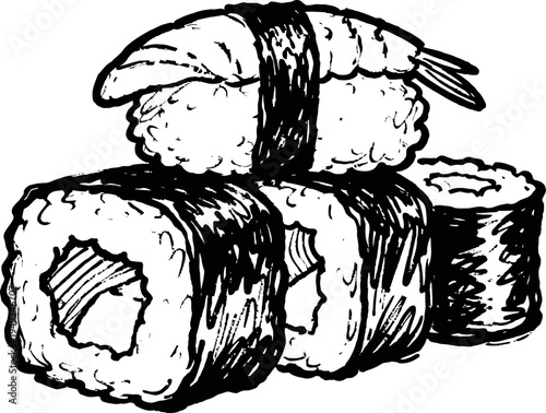 Hand drawn sushi set with nigiri and maki rolls japanese cuisine, seafood, traditional meal illustration