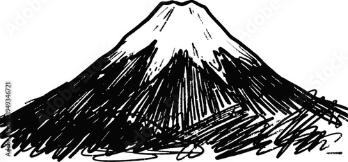 Mountain sketch with snow capped peak, hand drawn ink illustration of a natural landscape