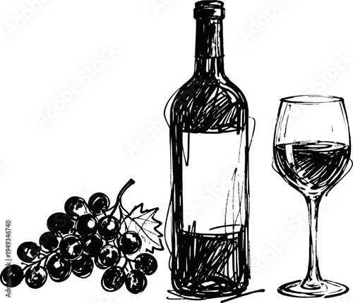 Hand drawn wine bottle, glass of red wine, and grape cluster illustration with vintage
