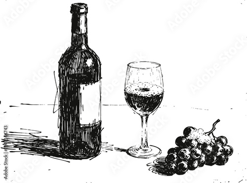 Wine bottle, glass of red wine, and grape bunch black ink sketch on white background