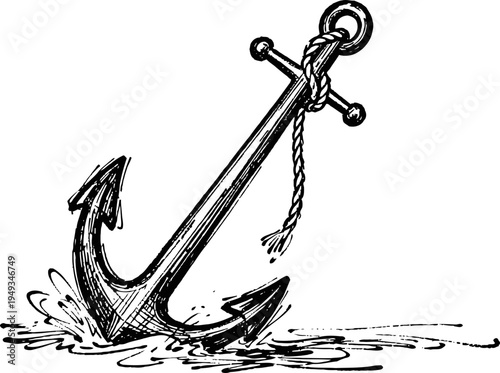 Classic ship anchor sinking into water with rope tied, vintage nautical maritime design sketch