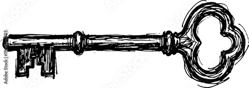 vintage antique skeleton key with ornate bow and detailed bit in black ink drawing